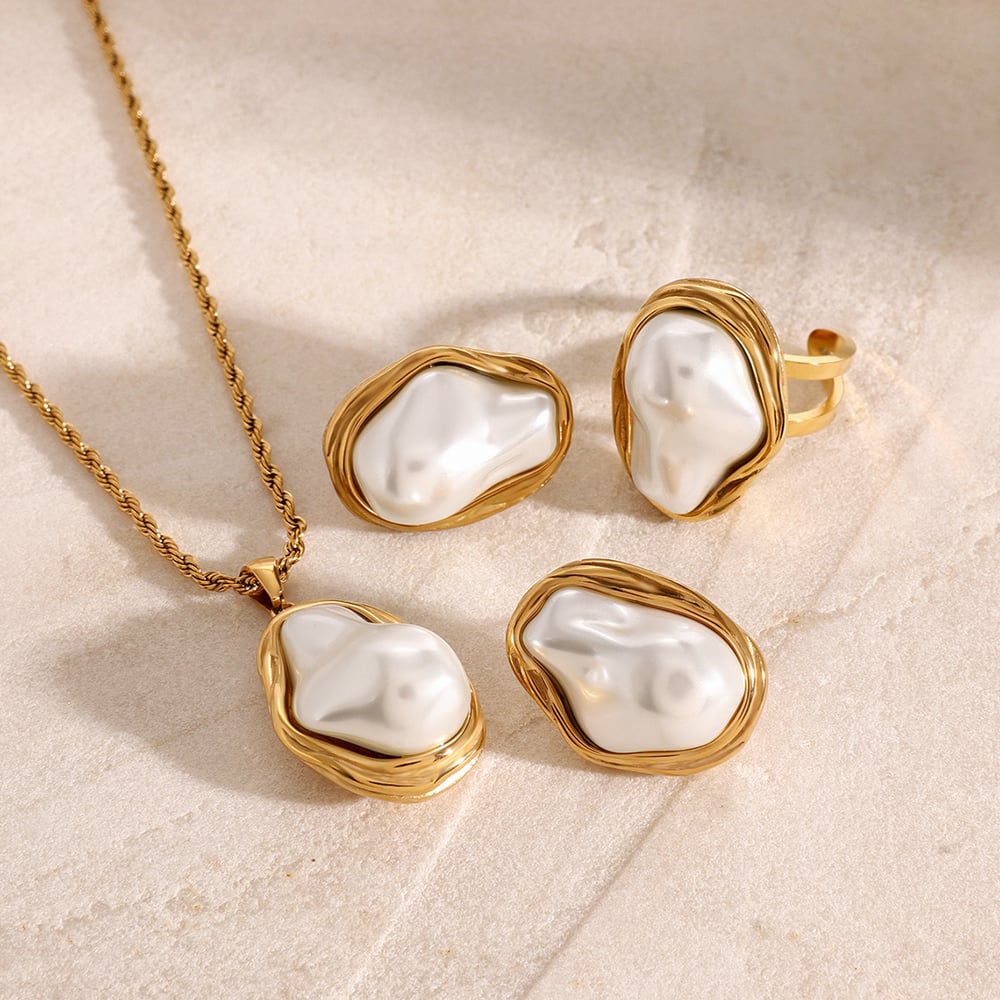 1 paio di orecchini a bottone da donna con conchiglia in acciaio inossidabile placcato oro , serie semplice, retrò e geometrici h5Immagine2