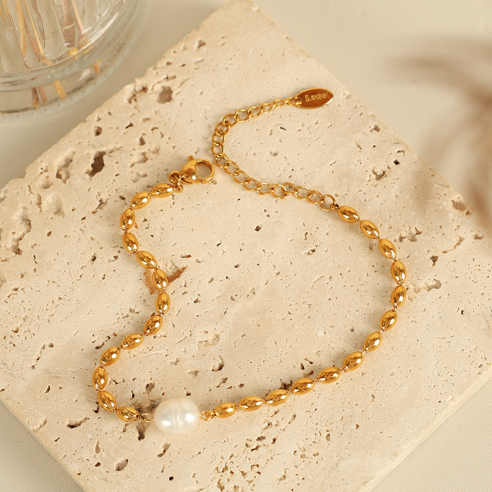 1 piece simple series retro beads stainless steel  gold plated artificial pearl women beaded bracelets h5Picture3