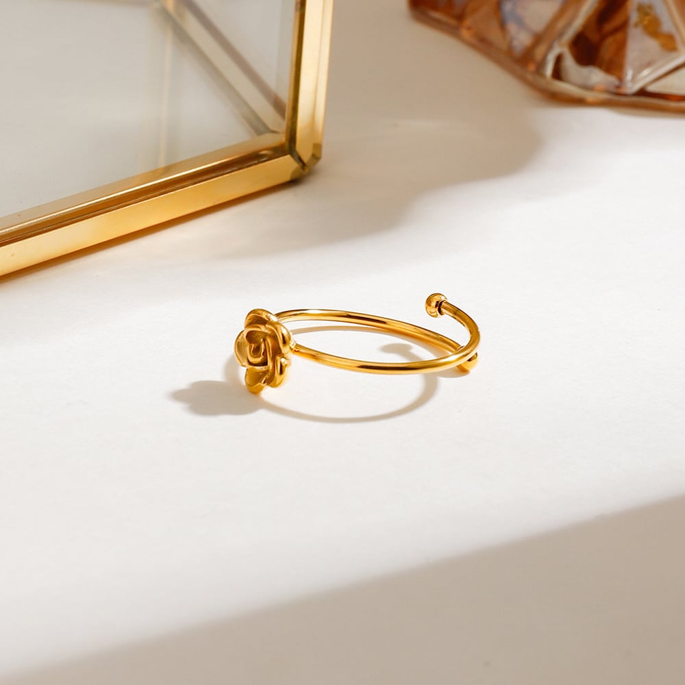 1 Piece Romantic Series Graceful Flower Delicate Stainless Steel Gold Color Women's Adjustable Rings Picture4