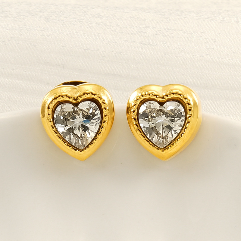 1 pair romantic sweet style heart shape stainless steel  gold plated inlay zircon women's stud earrings Picture4