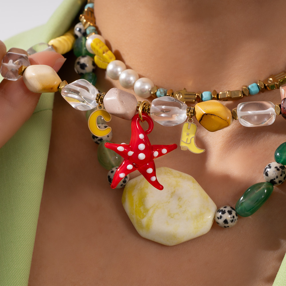 1 Piece Tropical Style Vacation Colorful Starfish Stainless Steel Gold Color Women's Beaded Necklaces h5Picture4