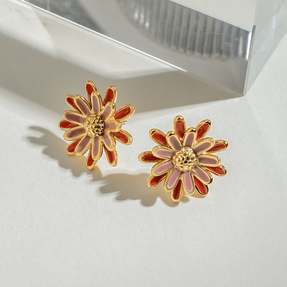 1 Pair Luxurious Series Chic Daisy Oil Drip Technique Stainless Steel Gold Color Women's Stud Earrings h5Picture7