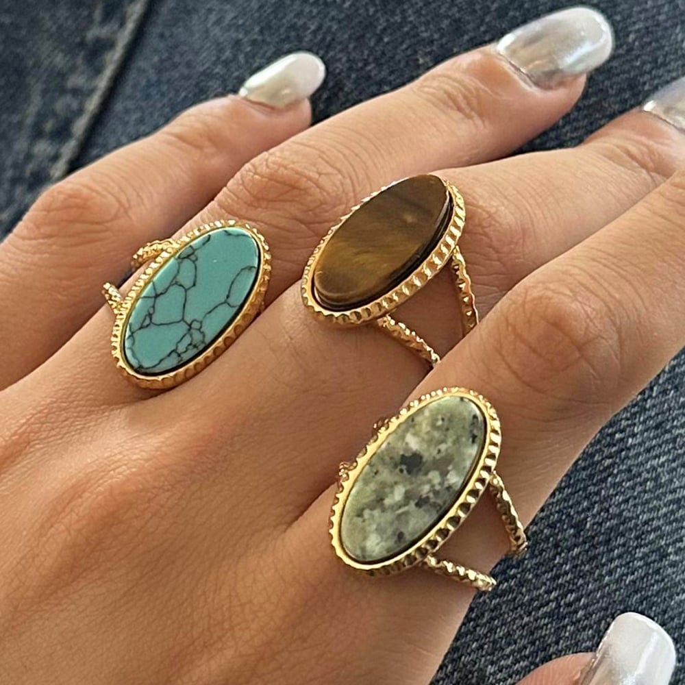 1 Piece Retro Natural Stone Stainless Steel Gemstone Ring Picture4