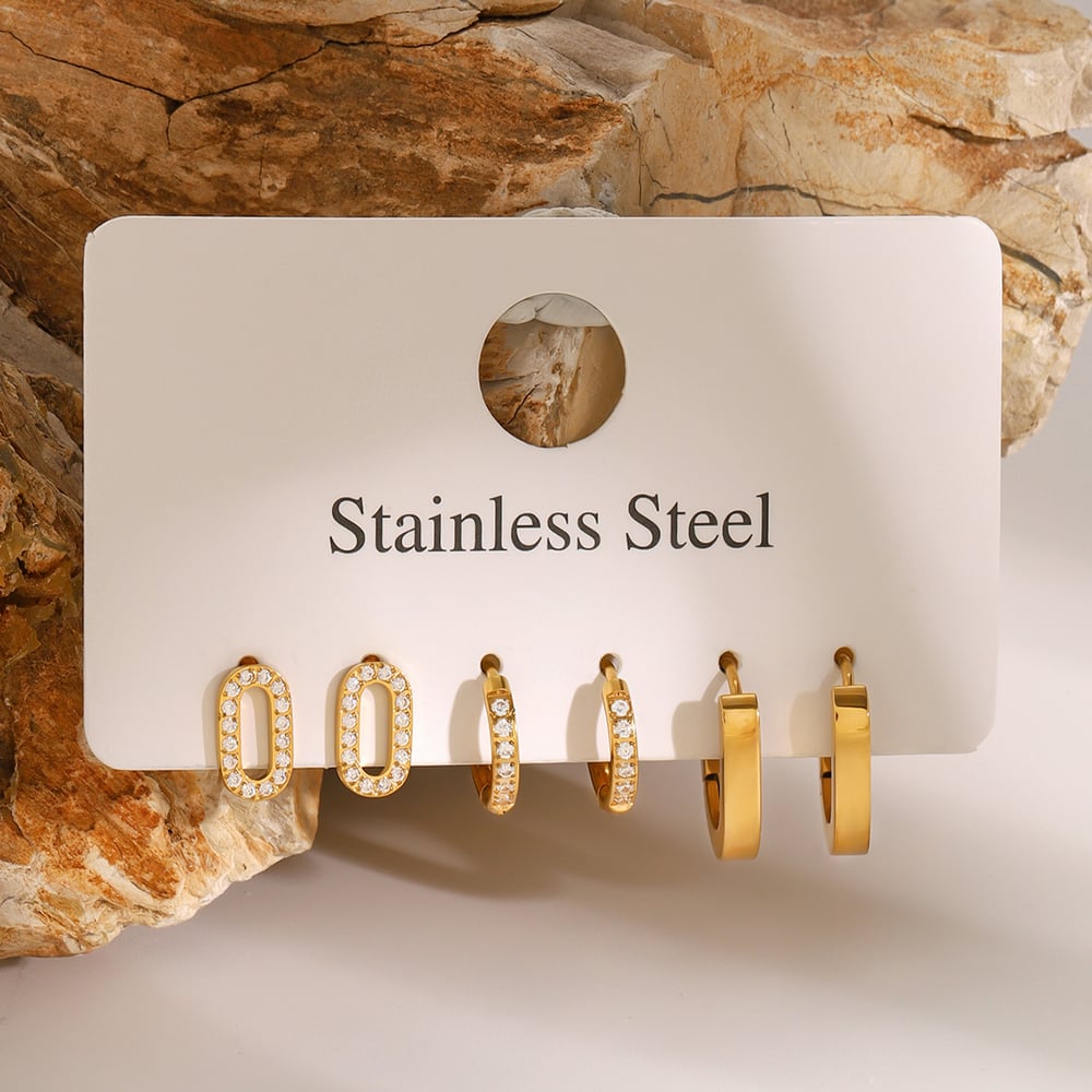 1 pair simple series classic geometric stainless steel  gold plated rhinestone women earrings set Picture3