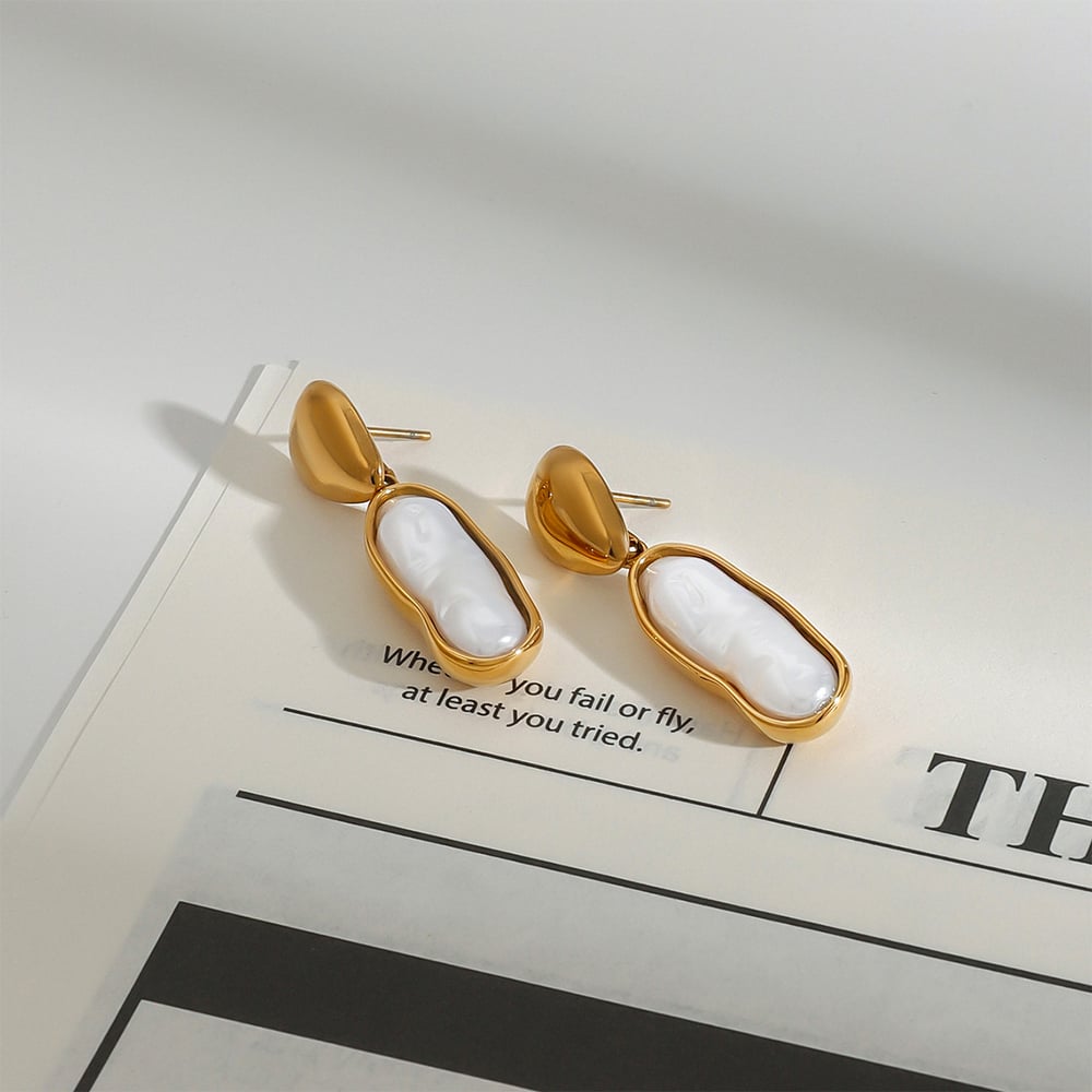 1 Pair Classic Series Irregular Oval Shape Stainless Steel Gold Color Women's Drop Earrings h5Picture7