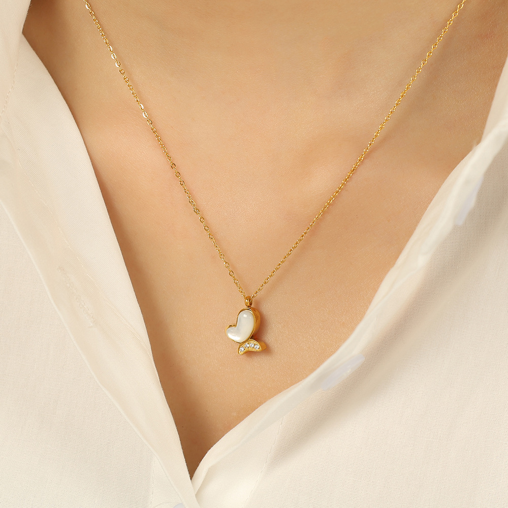 1 piece classic series natural butterfly titanium steel  gold color plated shell women's pendant necklaces h5Picture5
