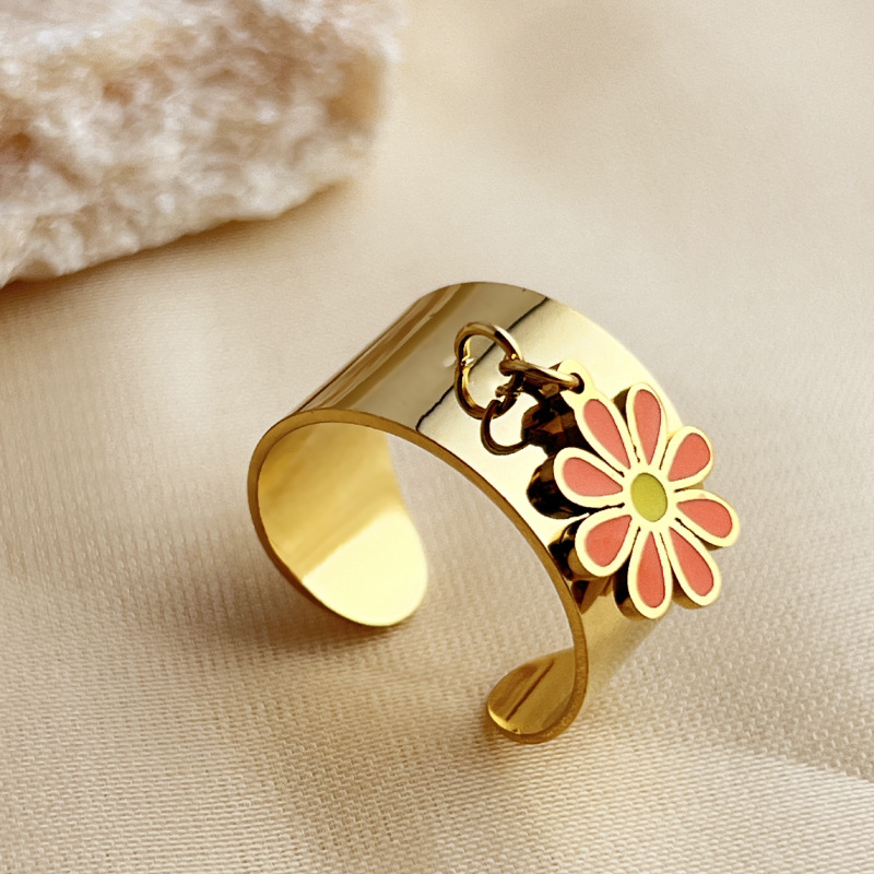 1 Piece Romantic Series Colorful Natural Daisy Dangle Stainless Steel Gold Color Women's Adjustable Rings Picture4