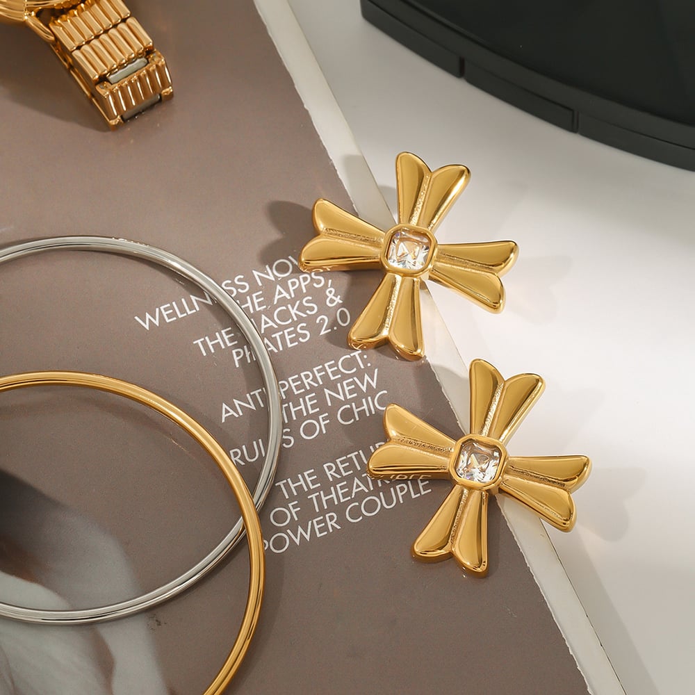 1 Pair Classic Series Exquisite Cross Shape Stainless Steel Gold Color Women's Stud Earrings Picture4