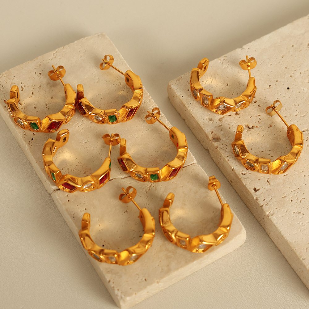 1 pair simple series simple geometric stainless steel  gold plated zircon women hoop earrings Picture4