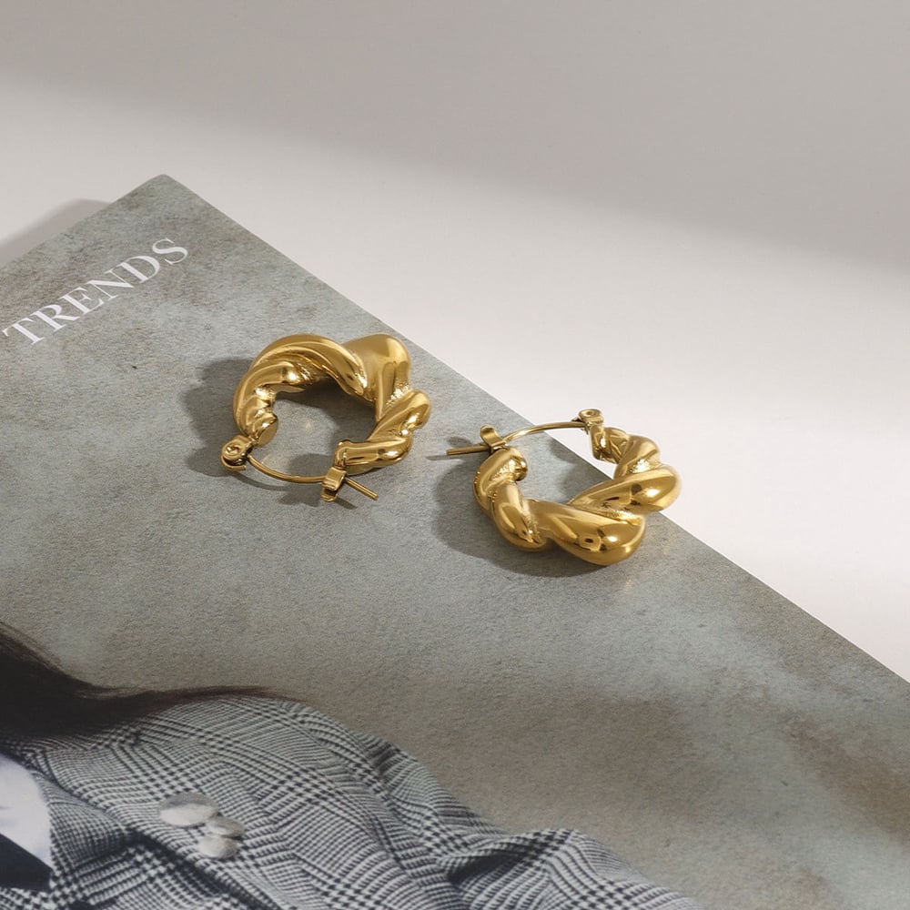 1 Pair Classic Series Daily Twist Annular Stainless Steel Gold Color Women's Hoop Earrings h5Picture8
