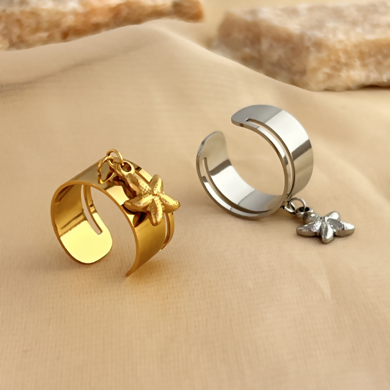 1 Piece Designable Series Chic Starfish Dangle Stainless Steel Gold Color Women's Adjustable Rings h5Picture4