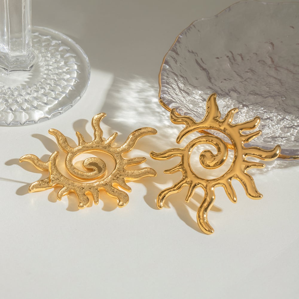 1 Pair Classic Sun Stainless Steel  Gold Color Stud Earrings h5Picture3