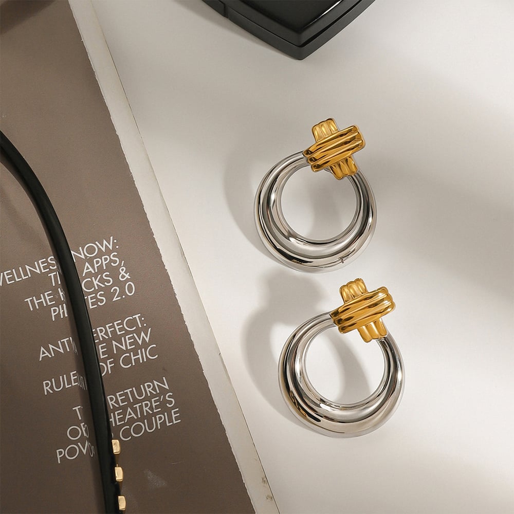 1 Pair Modern Series Daily Annular Stainless Steel Gold And Silver Mixed Color Women's Stud Earrings h5Picture3