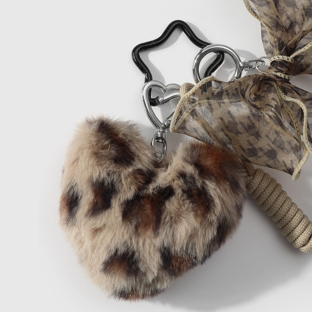 1 Piece Vintage Plaid Pattern Mesh Bow & Plush Heart Bag Charms Picture5