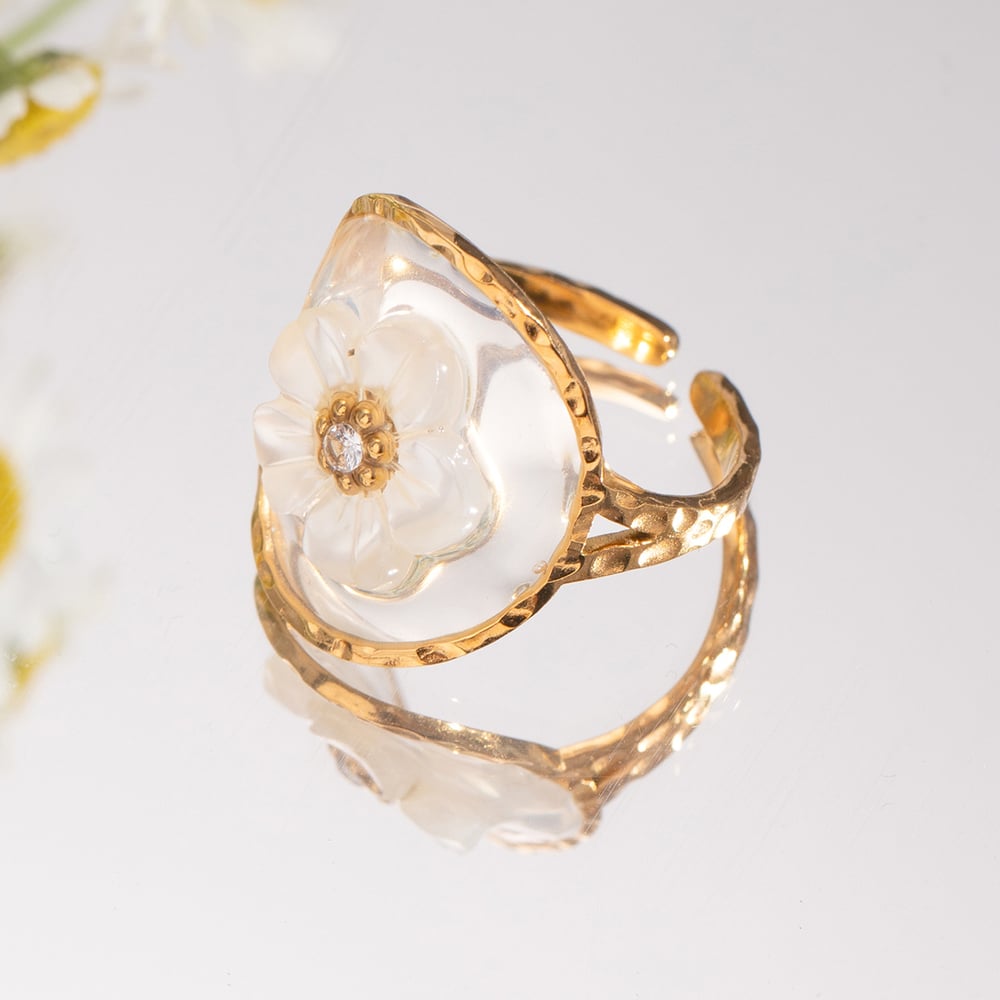 1 piece romantic sweet style cherry blossoms shape stainless steel  gold plated inlay rhinestone women's adjustable ring h5Picture4