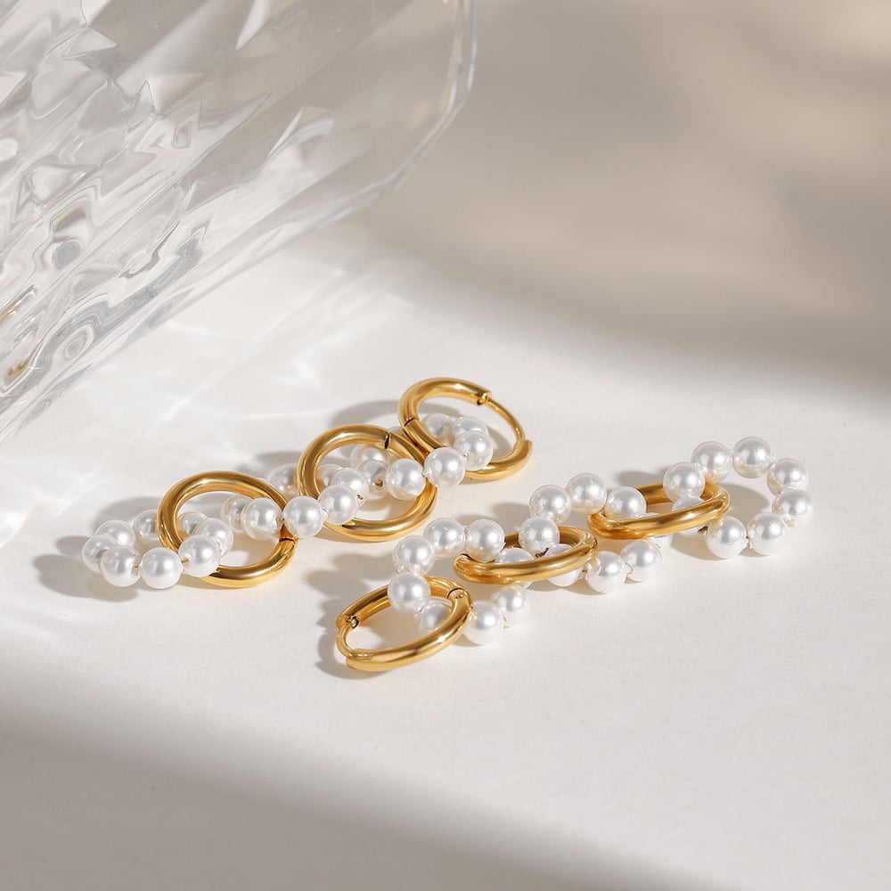 1 Pair Luxurious Series Elegant Circular Stainless Steel Gold Color Women's Beaded Drop Earrings h5Picture4