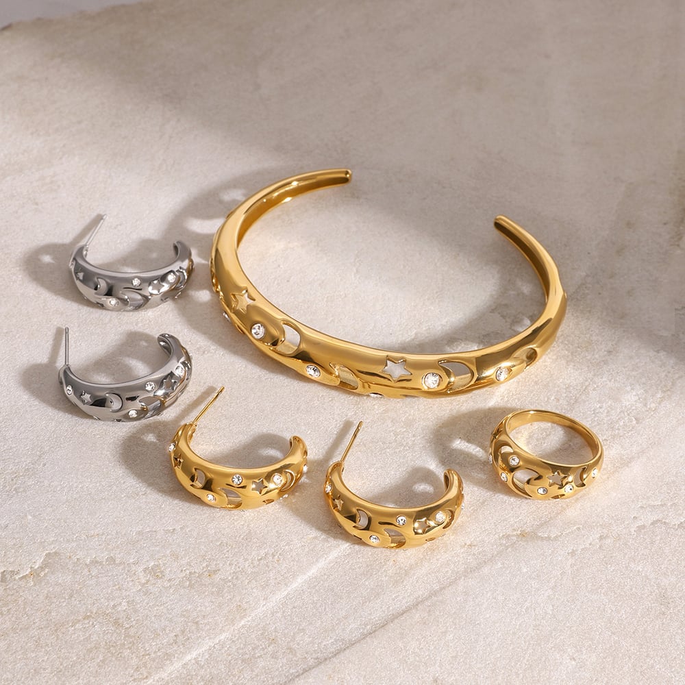 1 paio di orecchini da donna con strass placcati in oro , serie semplice, casual, sole/luna, in acciaio inossidabile h5Immagine3