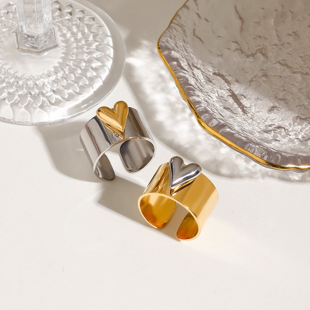 1 Pair Romantic Series Love Heart Fashionable Stainless Steel Gold and Silver Color Women's Adjustable Rings h5Picture4