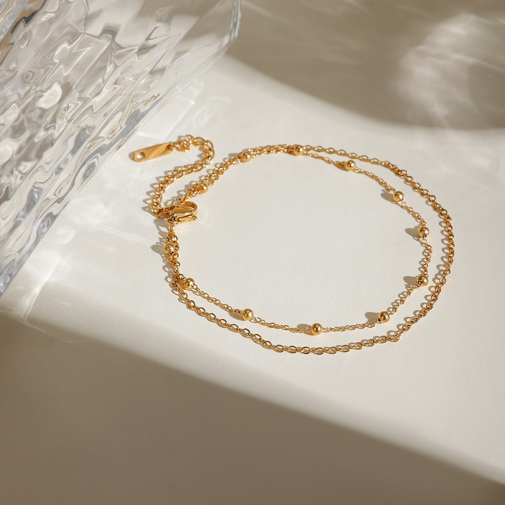  accessories new  niche fashion all-match  gold stainless steel double-layer round bead chain anklet jewelry female Picture3