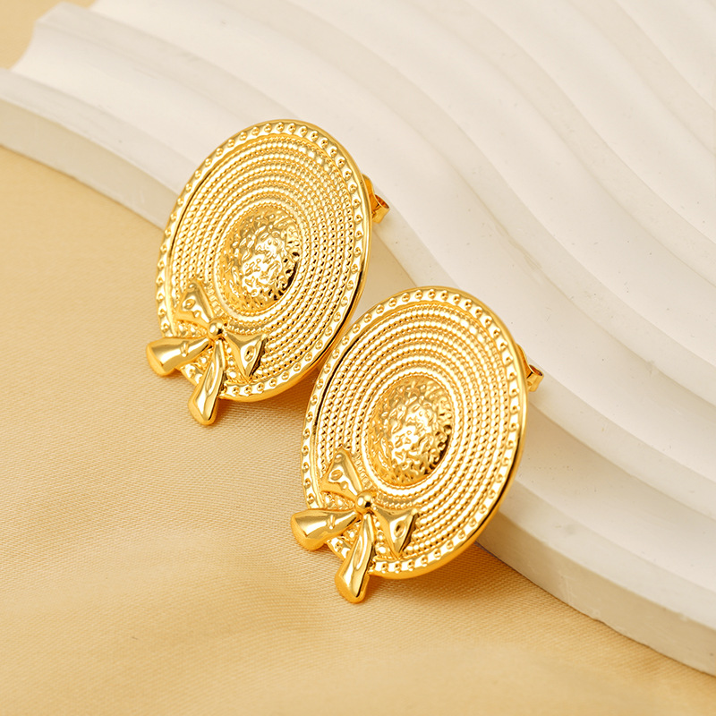 1 pair classic series retro plaid stainless steel  gold plated women drop earrings h5Picture4