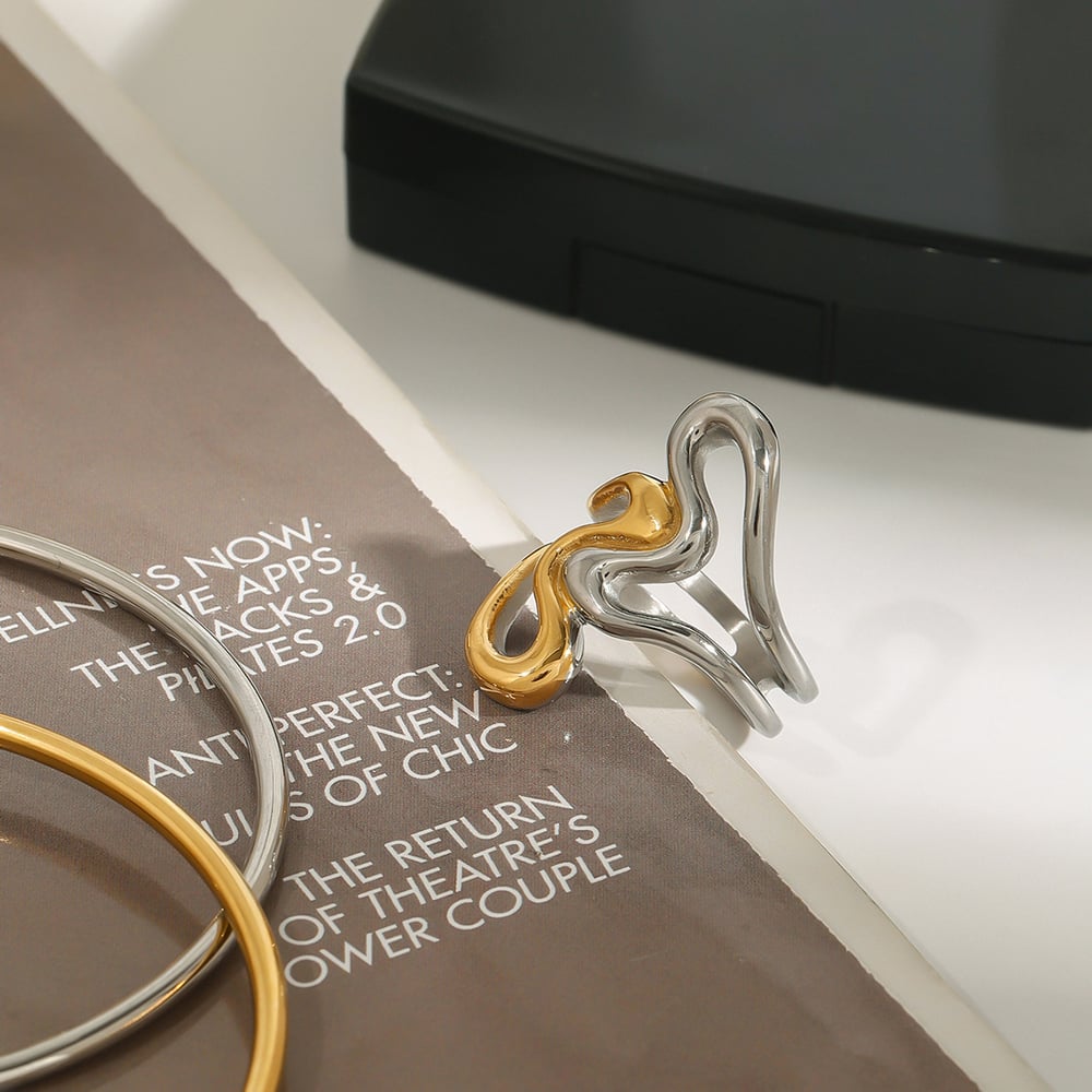 1 Piece Daily Series Irregular Overlap Heart Shape Stainless Steel Gold Color Women's Single Rings h5Picture7