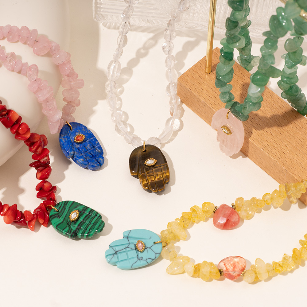 1 Piece Polychrome Series Bohemian Hand Shape Stainless Steel Gold Color Irregular Natural Stone Women's Beaded Necklaces h5Picture4