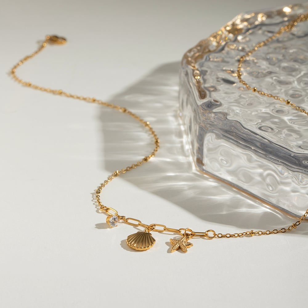 1 piece simple vacation style hammered starfish shape stainless steel  gold plated rhinestone women's pendant necklace h5Picture4