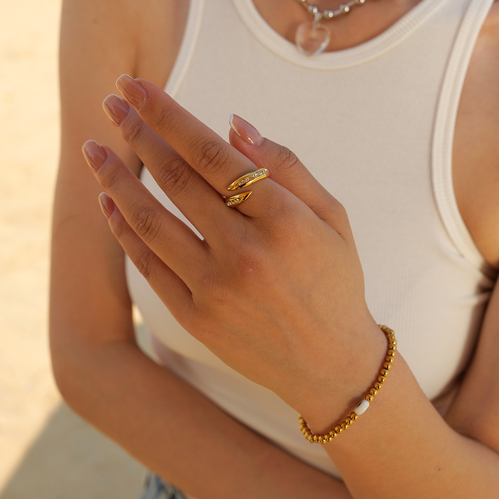 1 paio di anelli regolabili da donna in acciaio inossidabile con zircone placcato oro , semplici ed eleganti, geometrici Immagine3