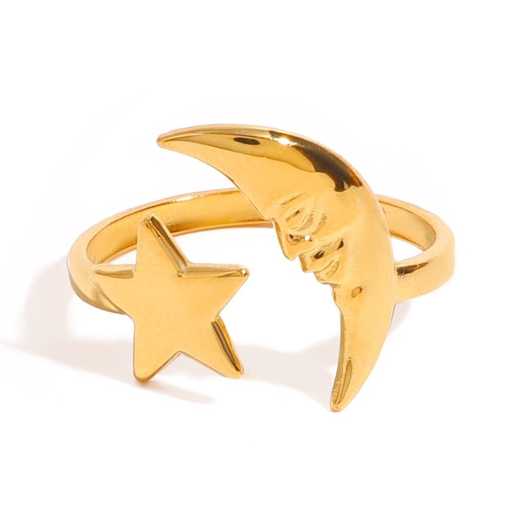 1 piece simple casual style moon and pentagram shape stainless steel  gold plated women's adjustable ring h5Picture5