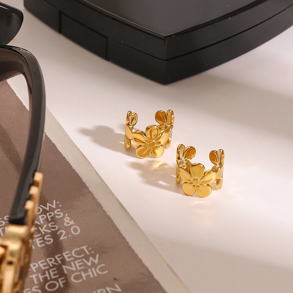 1 Pair Luxurious Series Gorgeous Flowers Stainless Steel Gold Color Women's Clip-on Earrings h5Picture3