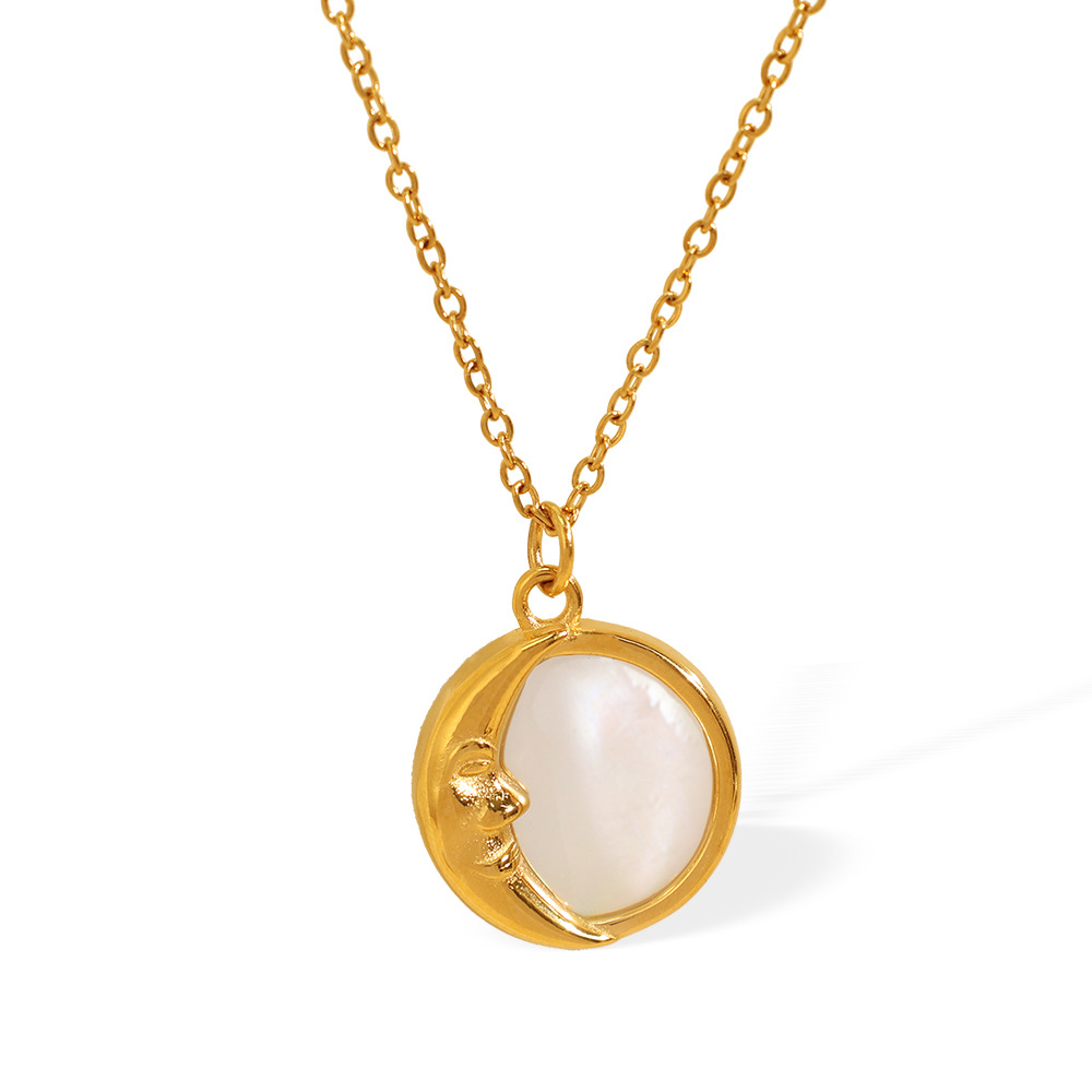 Collar con colgante de concha de color dorado y titanio de acero con diseño clásico de sol y luna para mujer, serie romántica de 1 pieza h5Imagen6