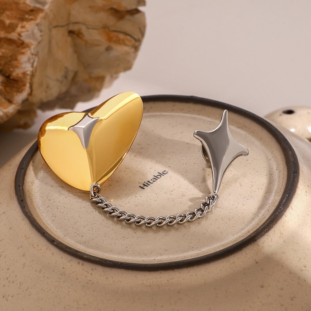 1 pair simple retro style heart shape stainless steel  gold plated women's brooches h5Picture3