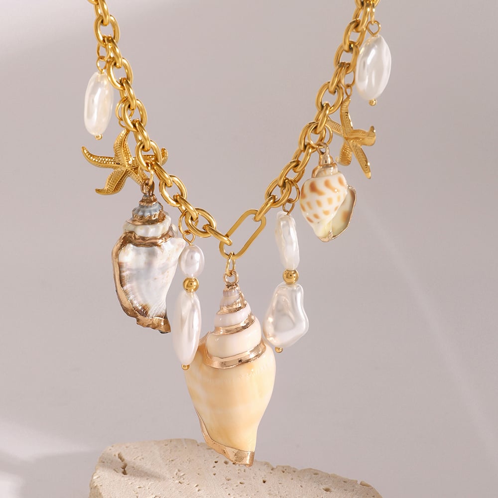 1 piece simple vacation style marine creature shape stainless steel  gold plated shell women's pendant necklace h5Picture3