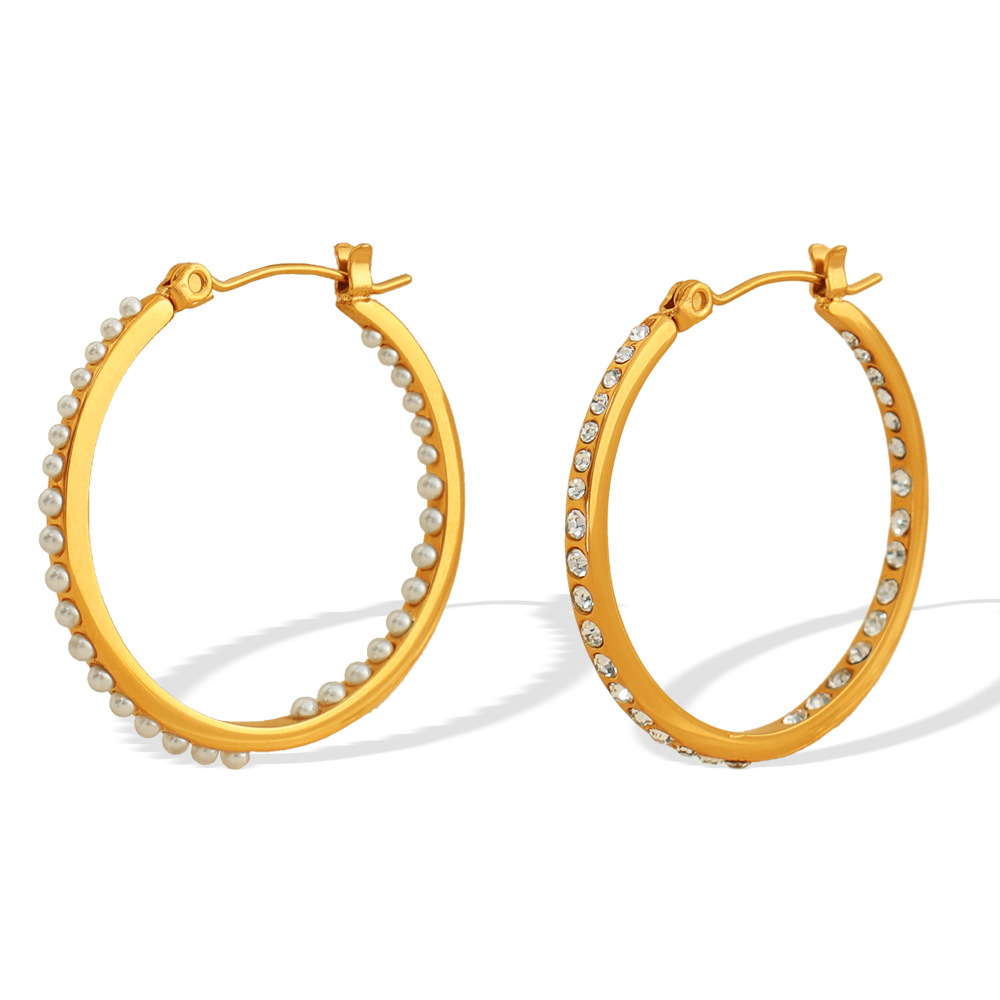 1 pair simple series retro geometric stainless steel  gold plated rhinestone women hoop earrings Picture7
