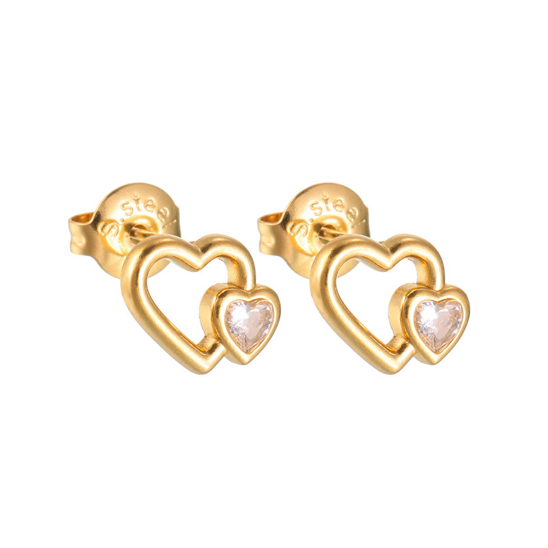 1 paio di orecchini a bottone da donna con strass placcati in oro , in acciaio inossidabile, a forma di cuore dolce, serie semplice Immagine5
