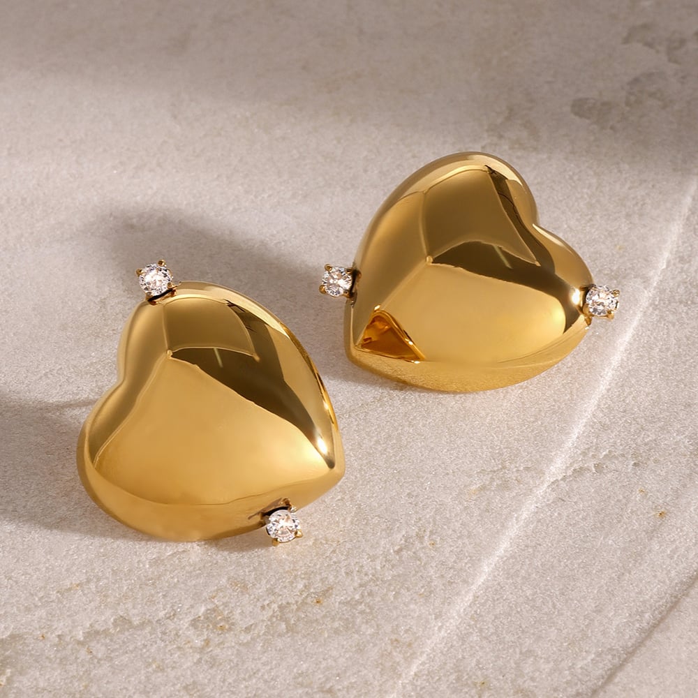 1 pair simple series casual heart stainless steel  gold plated rhinestone women stud earrings h5Picture4