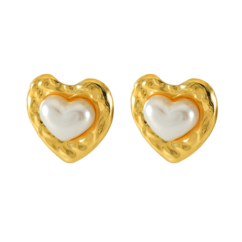 1 pair light-luxury casual style oval heart shape stainless steel  gold plated inlay artificial pearl women's stud earrings h5Picture6