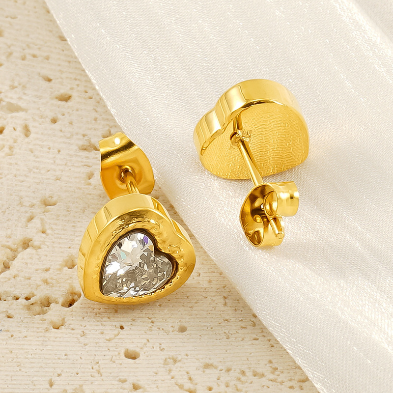 1 pair romantic sweet style heart shape stainless steel  gold plated inlay zircon women's stud earrings Picture3