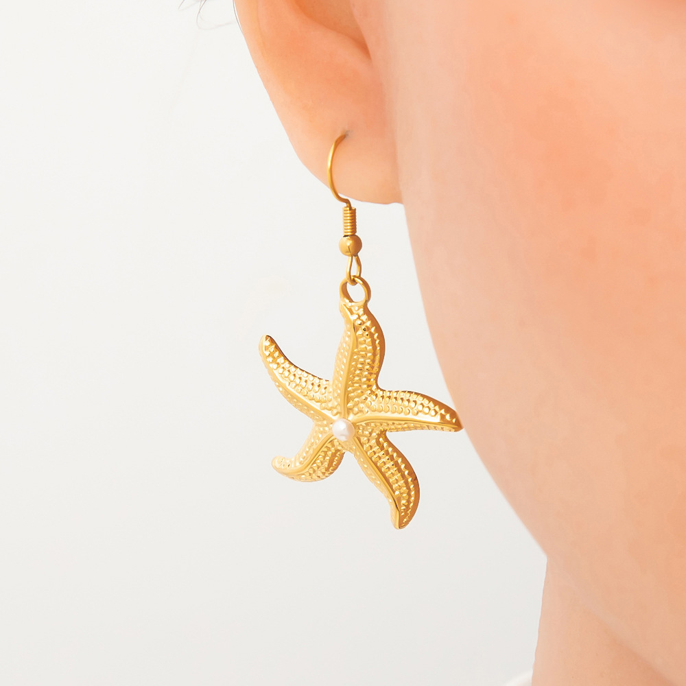 1 paire de boucles d'oreilles pendantes pour femme en acier inoxydable couleur or, motif tortue de vacances, série romantique h5Image8