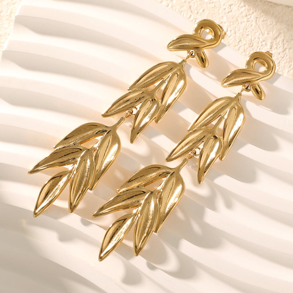 1 Pair Classic Series Natural Leaves Tassels Titanium Steel Gold Color Women's Drop Earrings Picture3