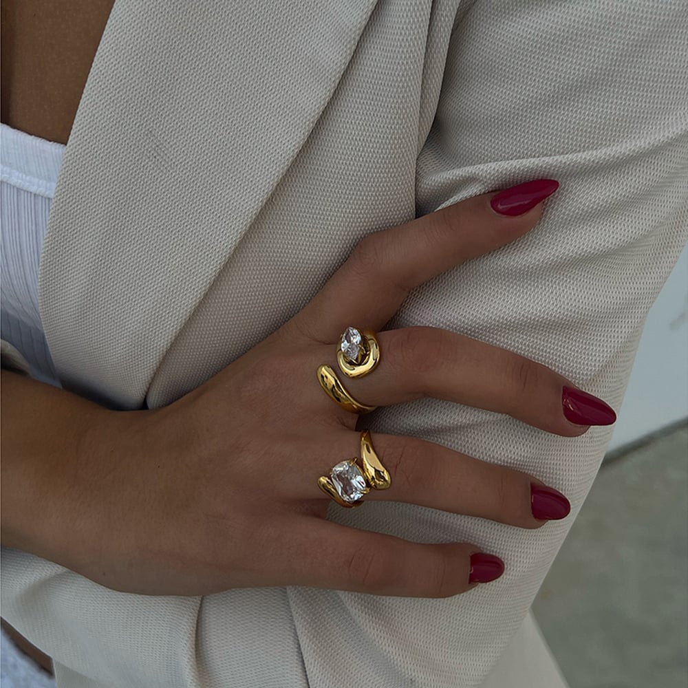 1 pezzo di lusso serie irregolare in acciaio inossidabile color oro con strass anelli singoli da donna Immagine7