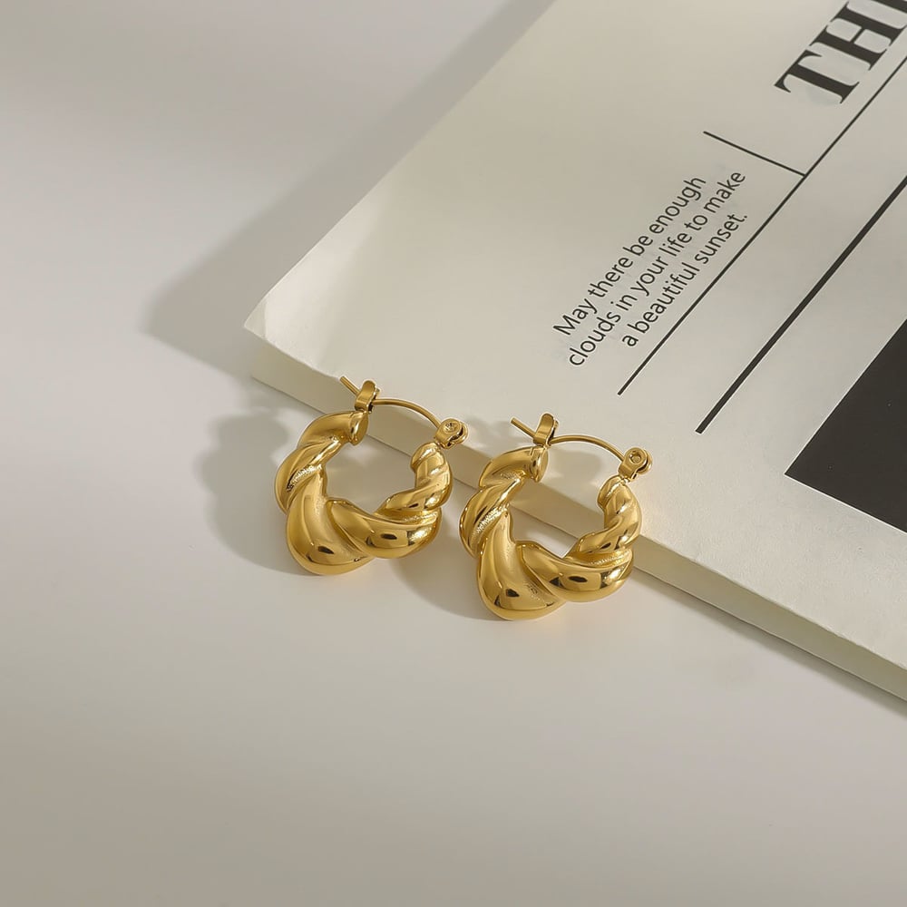 1 Pair Classic Series Daily Twist Annular Stainless Steel Gold Color Women's Hoop Earrings h5Picture4