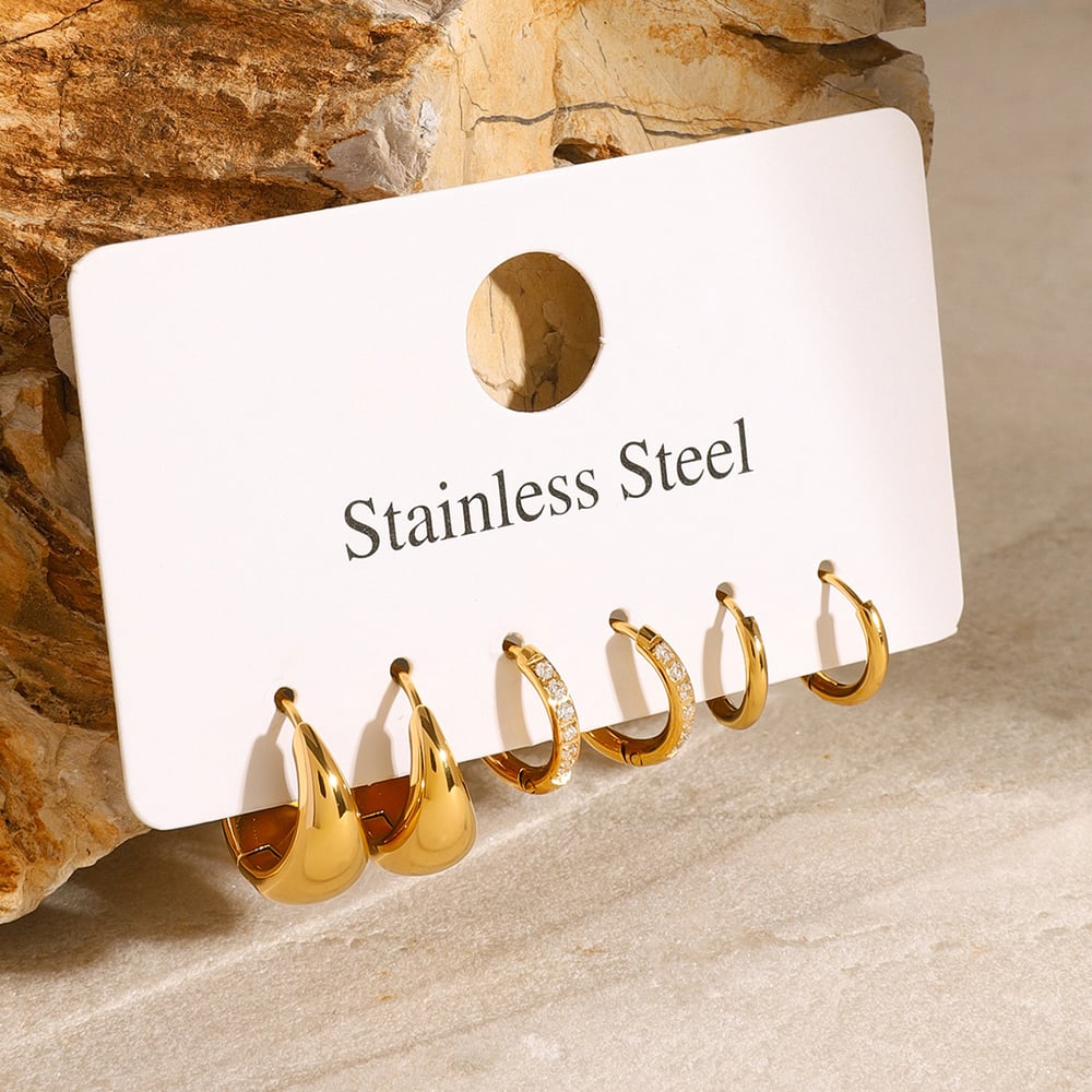 1 Set Simple Geometric Stainless Steel Gold Color Rhinestone Women's Earrings Set h5Picture4