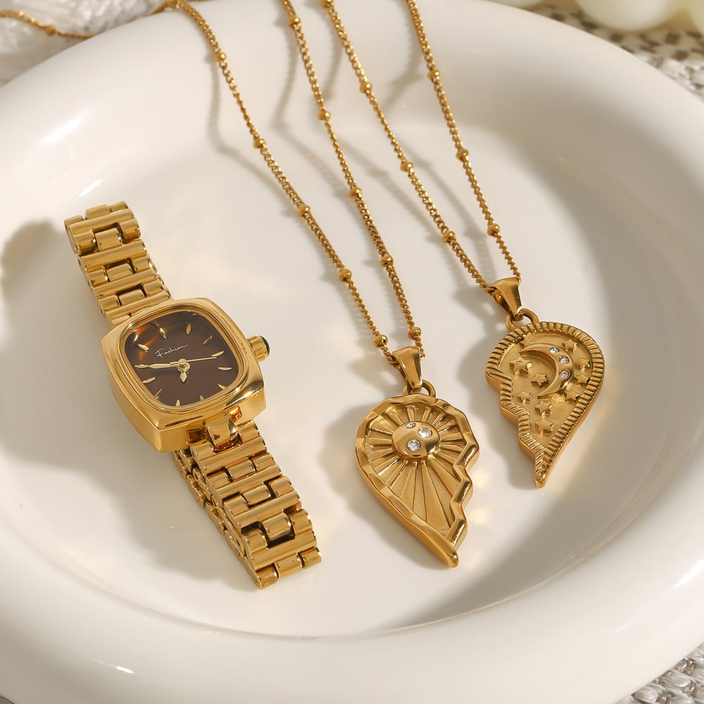 1 Piece Romantic Series Elegant Heart Couple Moon and Sun Stainless Steel Gold Color Women's Pendant Necklaces h5Picture8