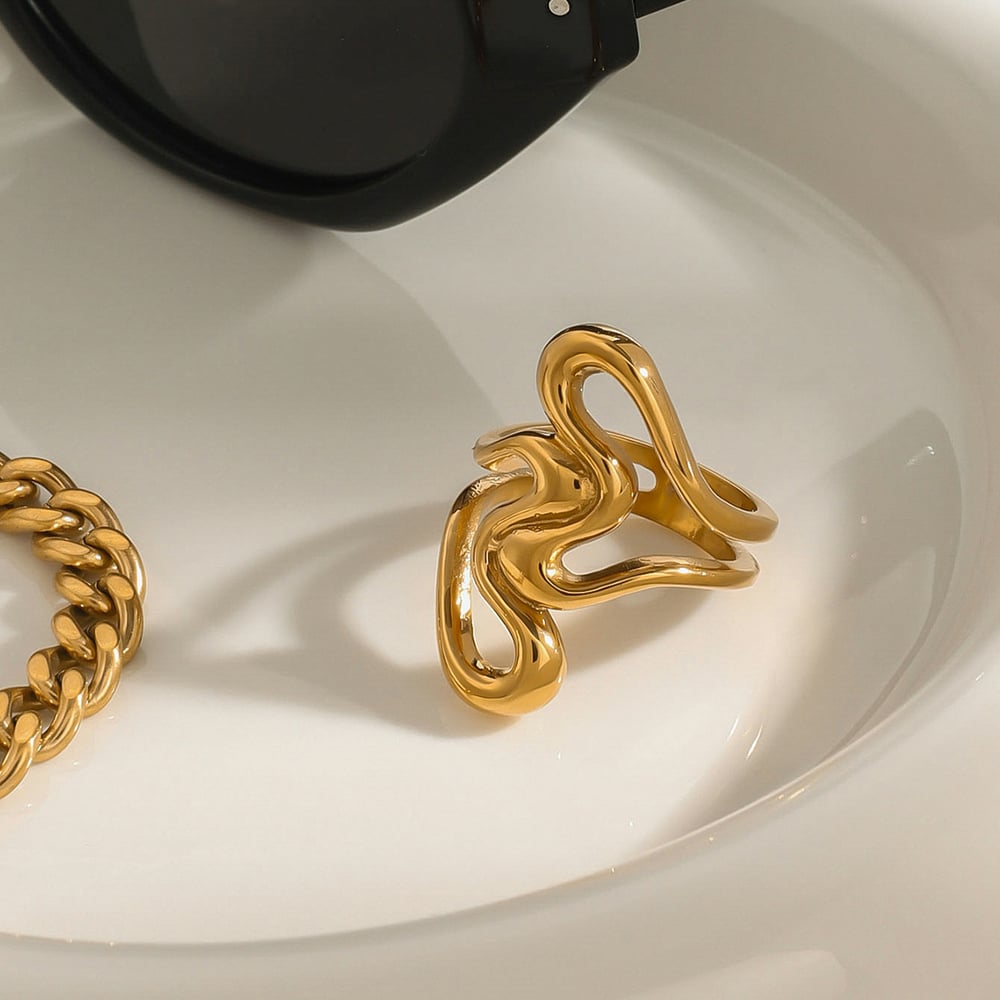 1 Piece Daily Series Irregular Overlap Heart Shape Stainless Steel Gold Color Women's Single Rings h5Picture4