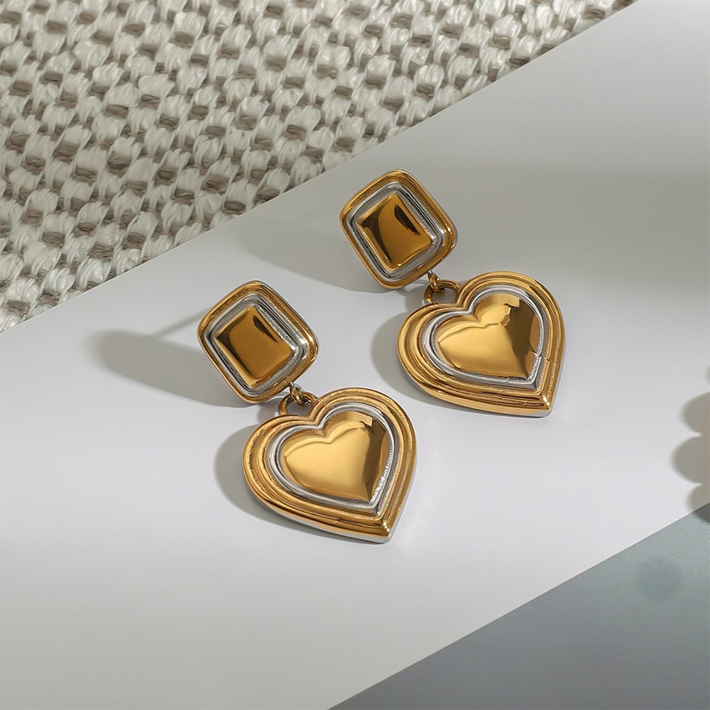 1 Pair Classic Series Heart Stainless Steel Gold And Silver Mixed Color Women's Pendant Earrings h5Picture3