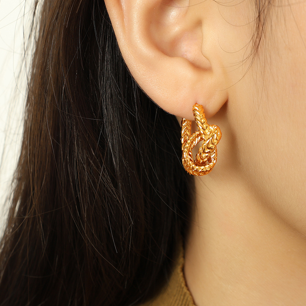 1 pair simple series retro twist stainless steel  gold color plated women's hoop earrings Picture4