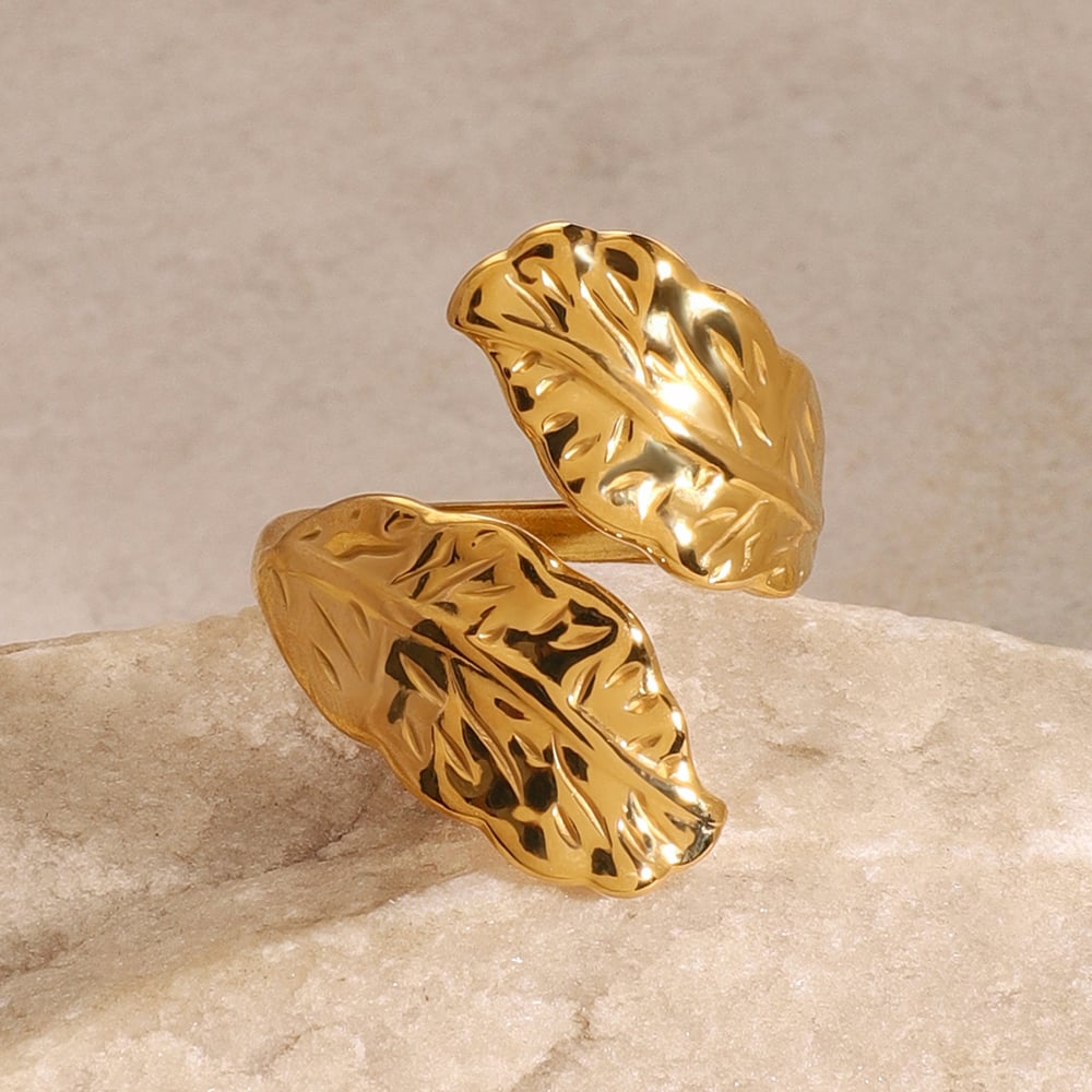 1 pair classic series classic plant stainless steel  gold plated women adjustable rings h5Picture4