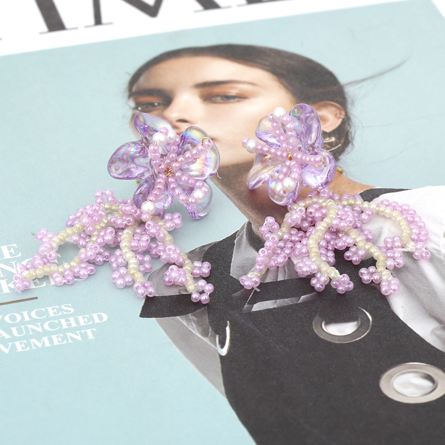 1 Pair Romantic Niche Beaded Floral Tassel Earrings h5Picture6