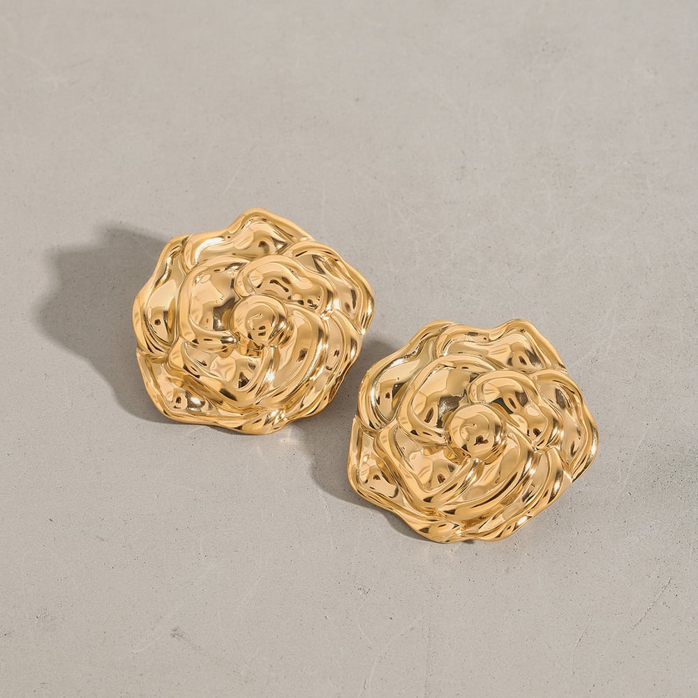 1 Pair Romantic Series Gorgeous Flowers Stainless Steel Gold Color Women's Stud Earrings h5Picture3